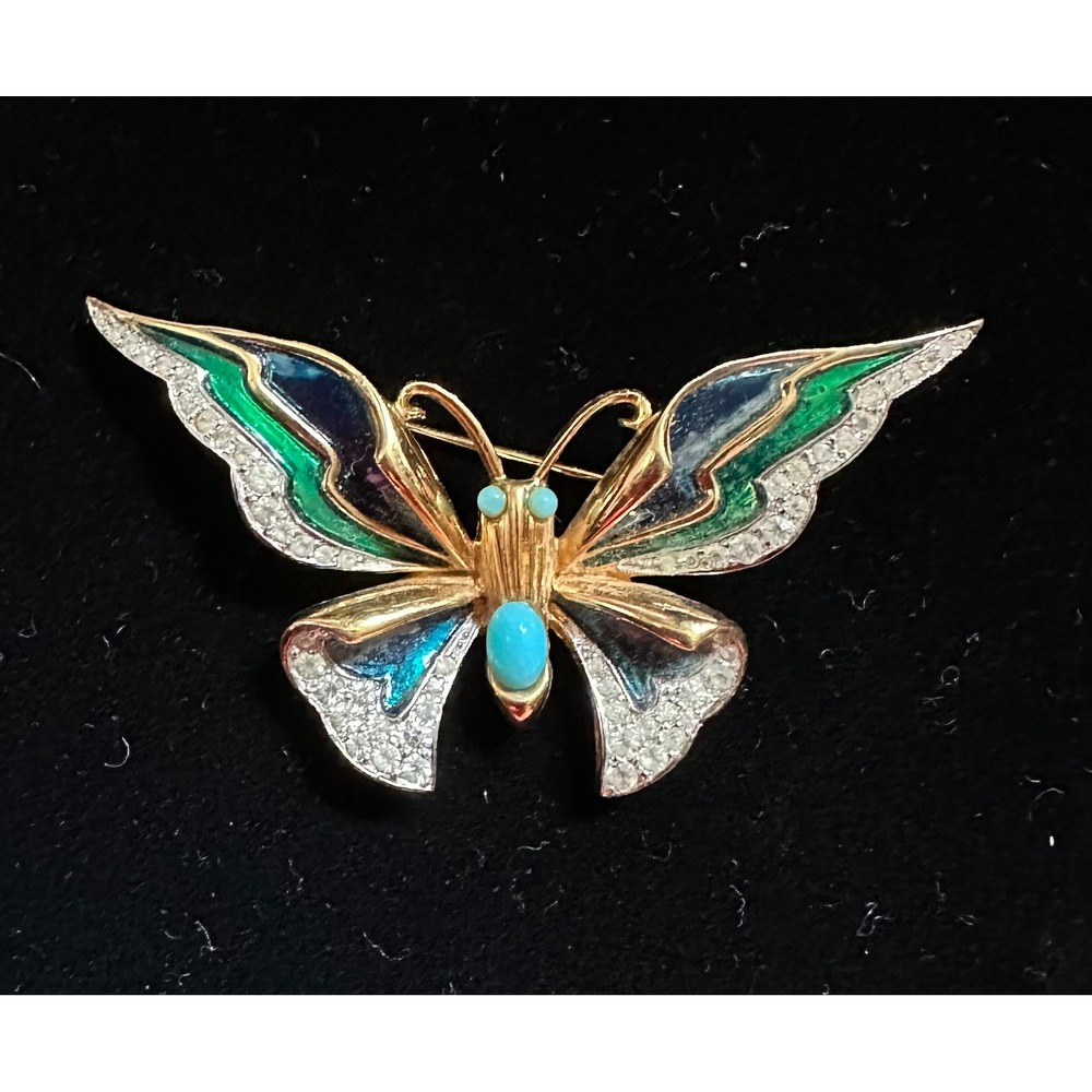 Jomaz Butterfly Brooch Enamel & Rhinestones Gold Blue Green